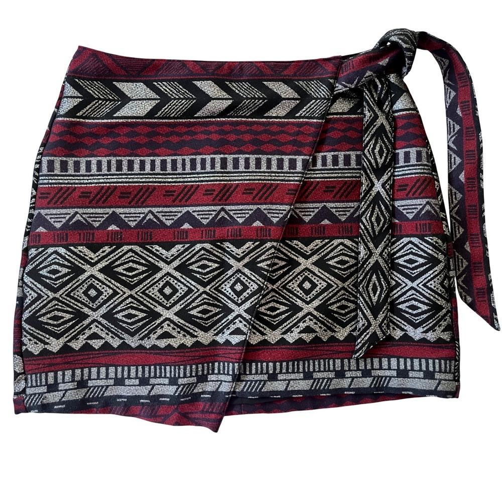 EXPRESS Skirt Aztec Geometric Burgundy Black Mini with Tie Size 8‎